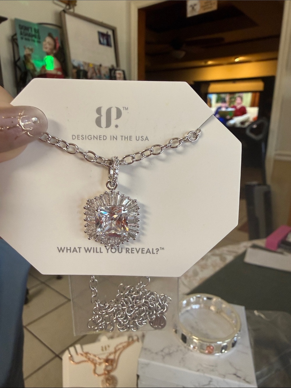 Silver-Tone Halo Pendant Necklace with Clear Cushion Stone